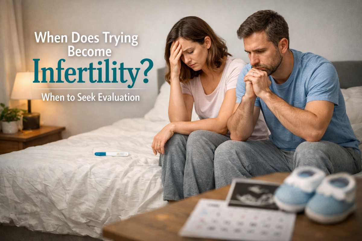 Couple discussing fertility evaluation timing and trying to conceive with medical guidance